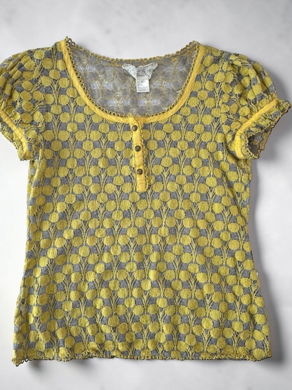 Nick & Me Yellow/Gray Lace Button Up Shirt Medium Cottagecore Boho Feminine